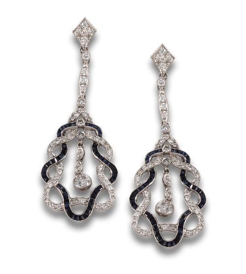 LONG EARRINGS, ANTIQUE STYLE OF DIAMOND AND SAPPHIRE, IN PL