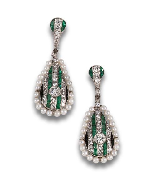 LONG, ANTIQUE STYLE EARRINGS, WITH DIAMONDS, EMERALDS AND P