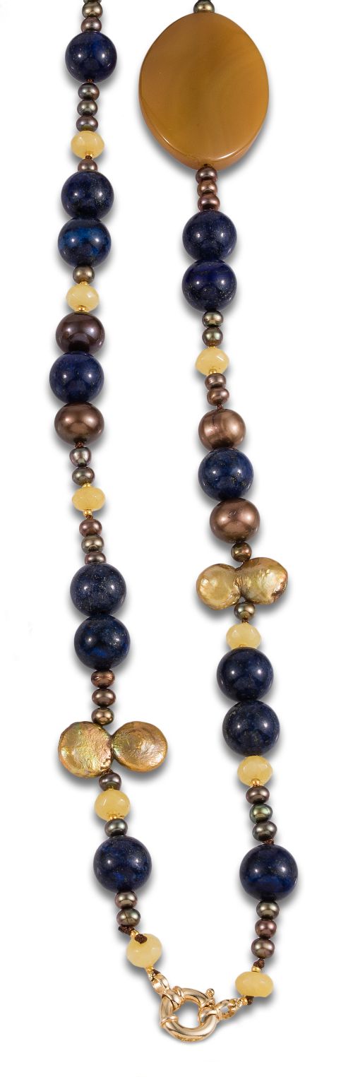 FANTASY NECKLACE WITH LAPIS LAZULI, QUARTZ, PEARLS AND AGAT