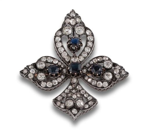 BROCHE FLOR DE LIS, MM. S. XIX, EN ORO Y PLATA CON DIAMANTE