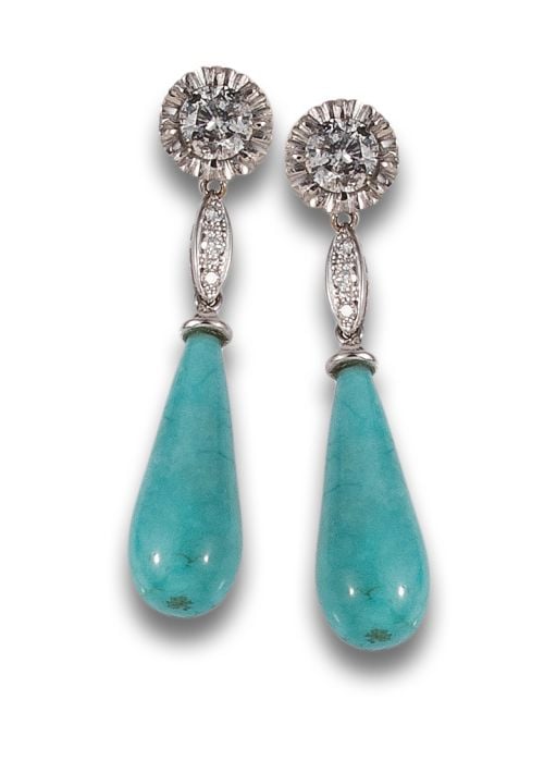 LONG GOLD EARRINGS WITH DIAMONDS AND TURQUOISES