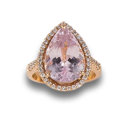 GOLD RING WITH KUNZITE AND DIAMONDS