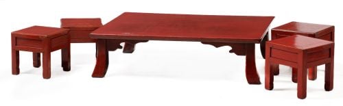 Coffee table and four lacquer stools, China, 20th century