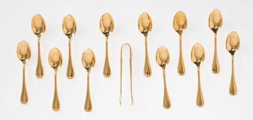 Twelve coffee spoons and a pair of tongs, Christofle, Franc