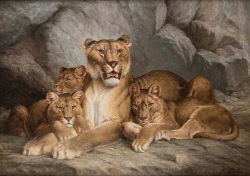 PIERRE NAPOLÉON EUGENE RELIN, "Familia de leones", 1905, Ól