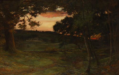 JAIME MORERA Y GALICIA, "Paisaje al atardecer", Óleo sobre