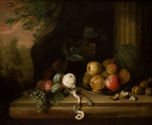 JAN BAPTIST VAN FORNENBURGH, "Bodegón de frutas en paisaje"