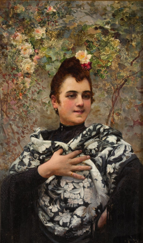 ESCUELA ESPAÑOLA S. XIX, "Retrato de Dama con mantón", Óleo