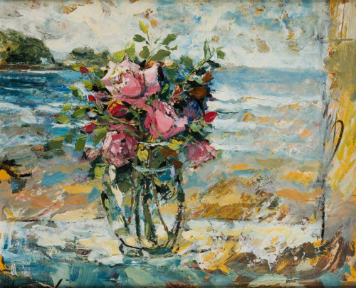 ÁNGEL GONZÁLEZ URANGA, "Rosas frente al mar", Óleo sobre tá