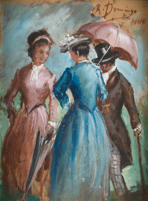 ROBERTO DOMINGO Y FALLOLA, "Damas en París", Gouache sobre