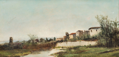 ESCUELA ESPAÑOLA S. XIX, "Aldea con lago", Óleo sobre lienz