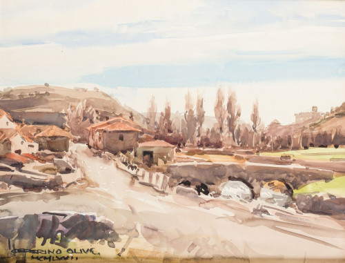 CEFERINO OLIVÉ, "Paisaje con casas", 1967, Acuarela sobre p