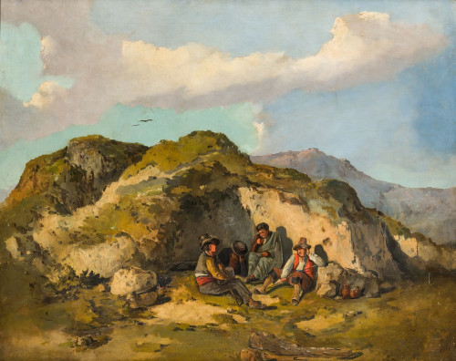 ESCUELA ANDALUZA S.XIX, "Bandoleros en la montaña", Óleo so