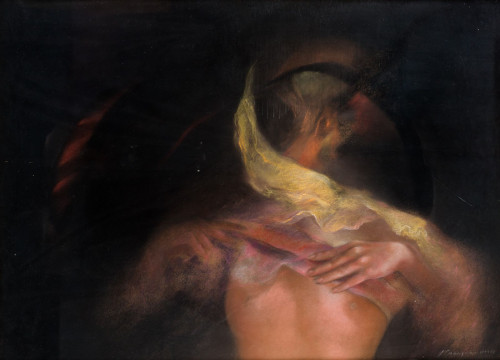 ESCUELA ESPAÑOLA S. XX, "Desnudo sombrío", 1988, Pastel sob