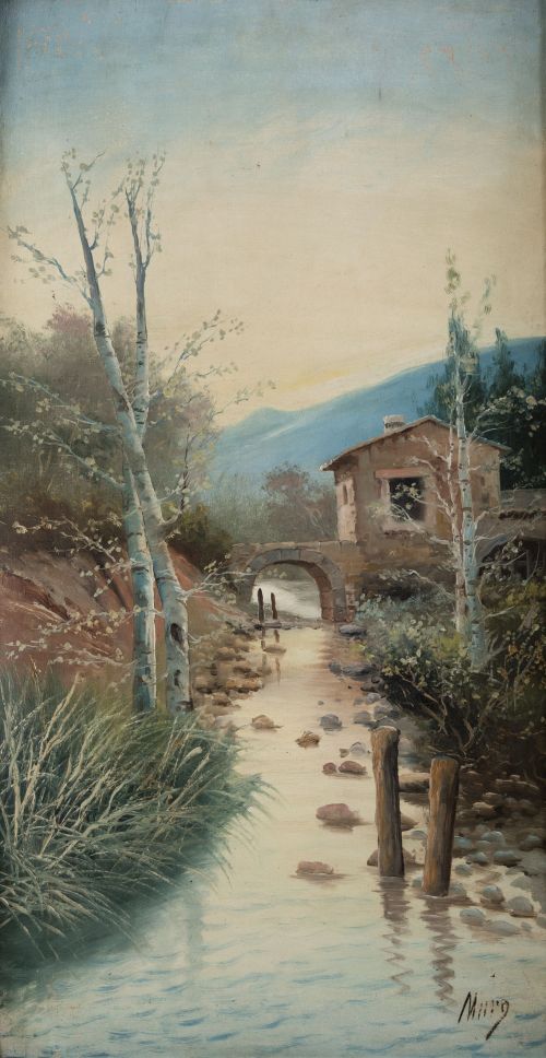  ESCUELA ESPAÑOLA, "Paisaje con rio", Óleo sobre lienzo