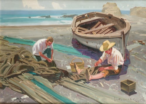 EUSTAQUIO SEGRELLES, "Pescadores valencianos", Óleo sobre l