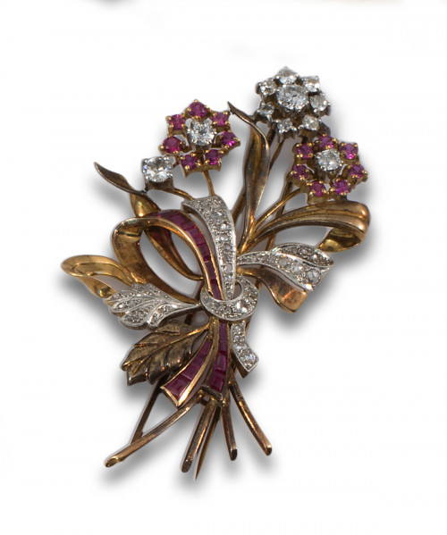 BROCHE ORO FLORES DIAMANTES RUBIES 157