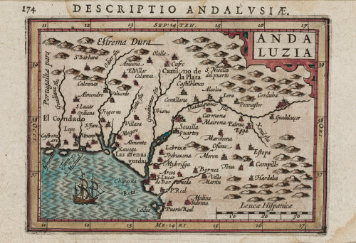 JODOCUS HONDIUS, "Mapa de Andalucia", Grabado coloreado