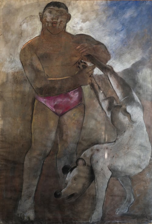 MIGUEL PEÑA, "Hombre y Perro", 1978, Técnica mixta sobre pa